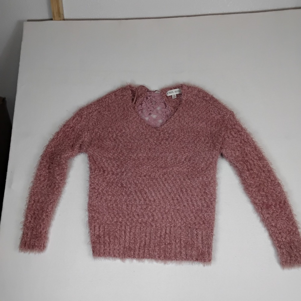 Knox Rose Womens Medium Mauve Pink Fuzzy Knit Sweater Lace Back V-Neck Pullover